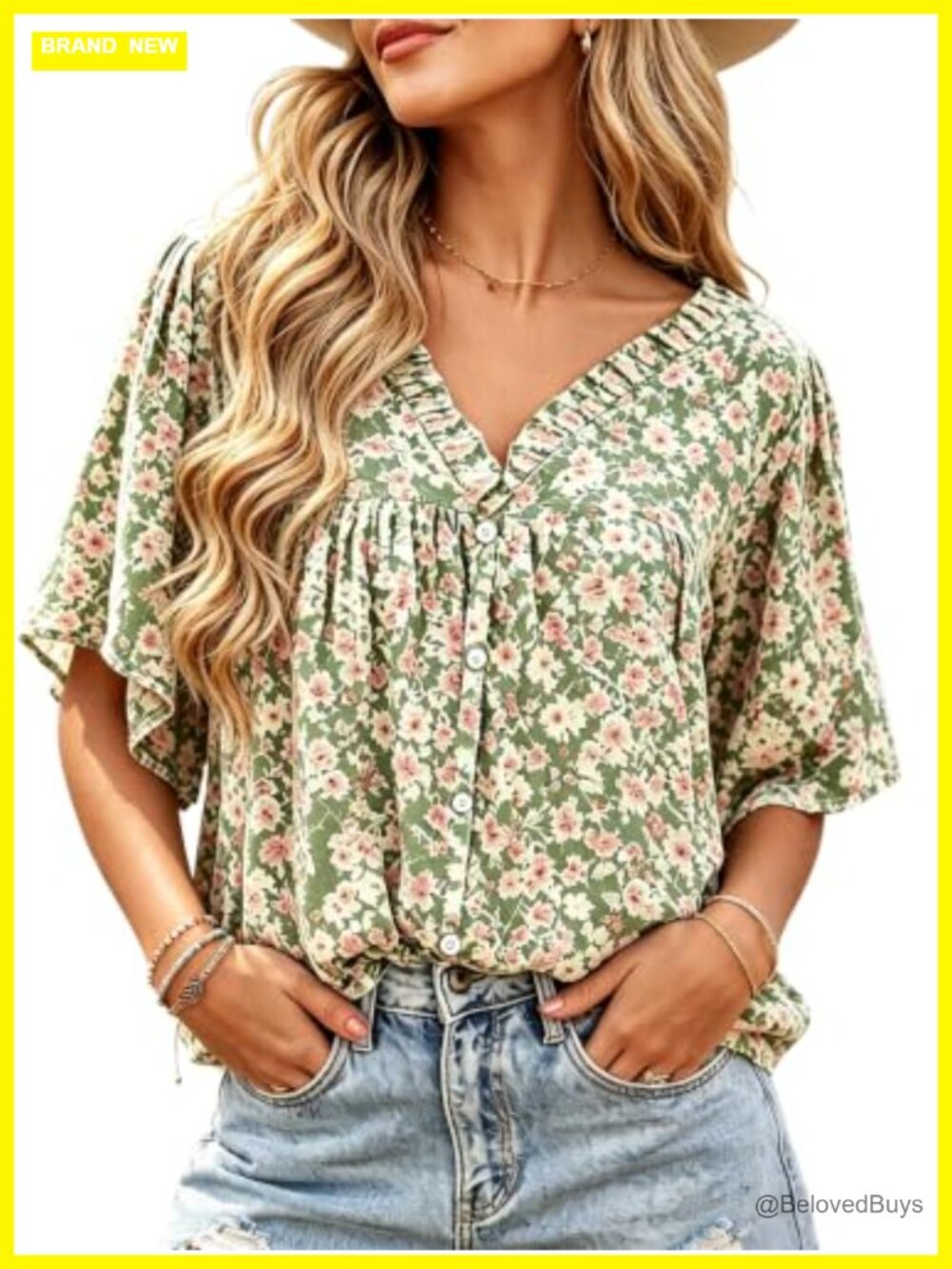Women's V Neck Ruffle Half Sleeve Floral Blouse